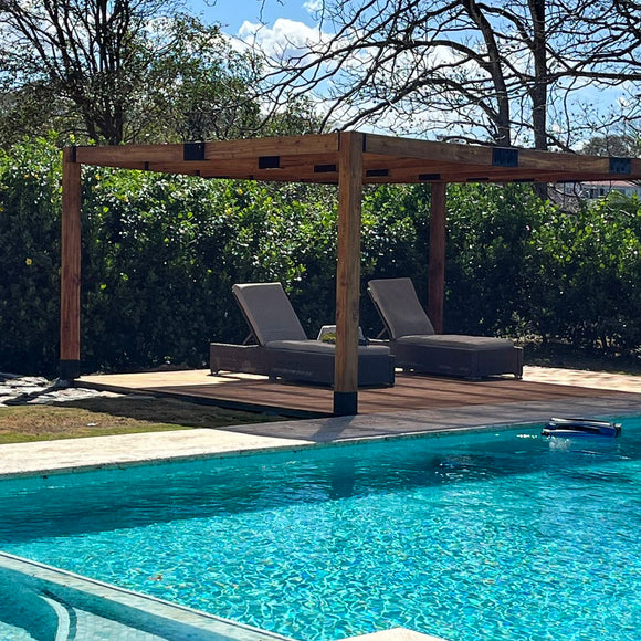 8' X 8' SUNRISE TEAK PERGOLA IN 5" x 5" POSTS AND 5" LEDGERS AND RAFTERS